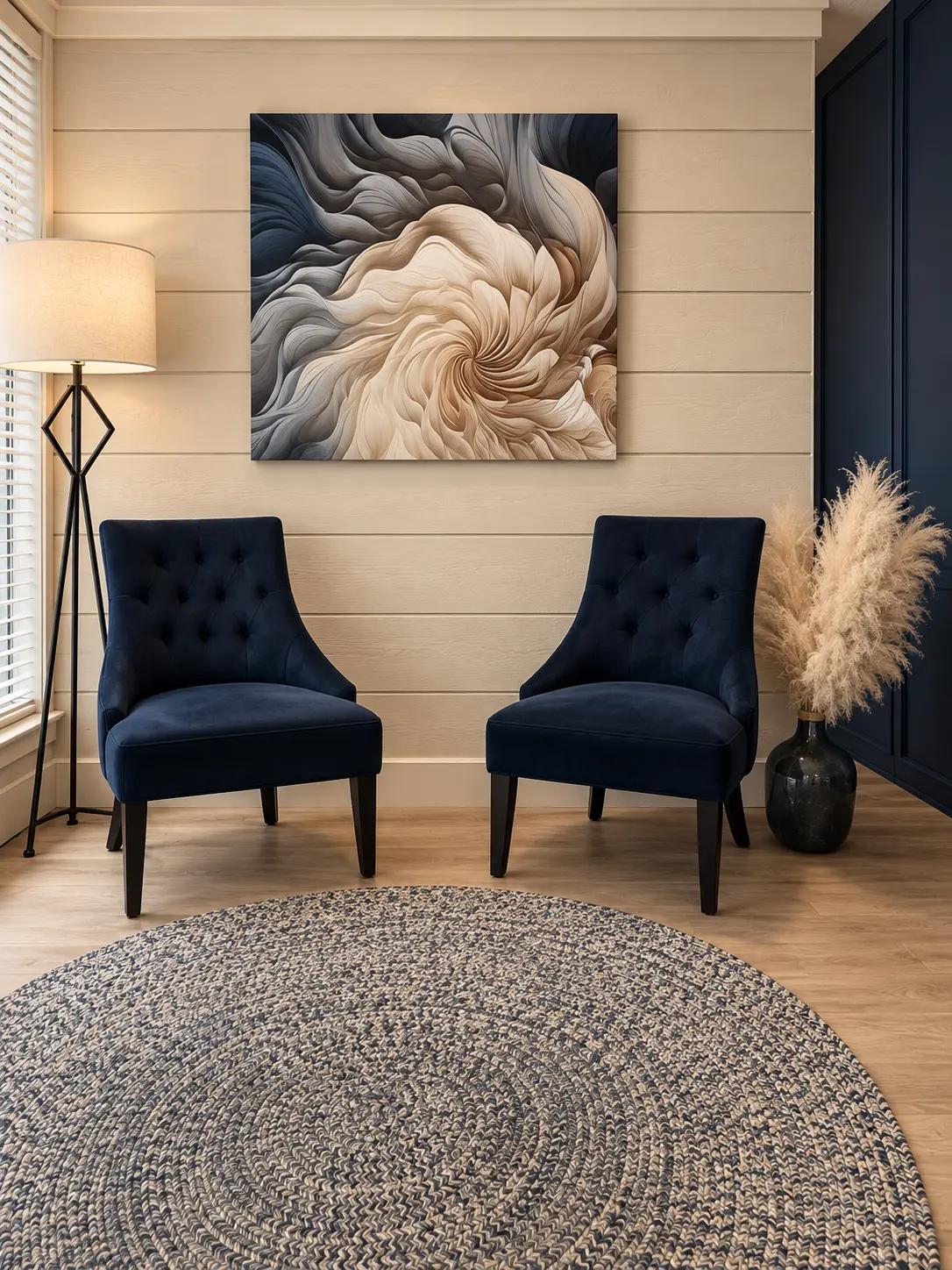 The quiet navy and ivory arrival space at Seattle Skin Therapy